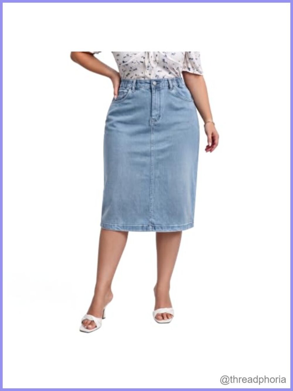 Plus Size Denim Midi Skirt High Waisted Stretch Jean Skirt